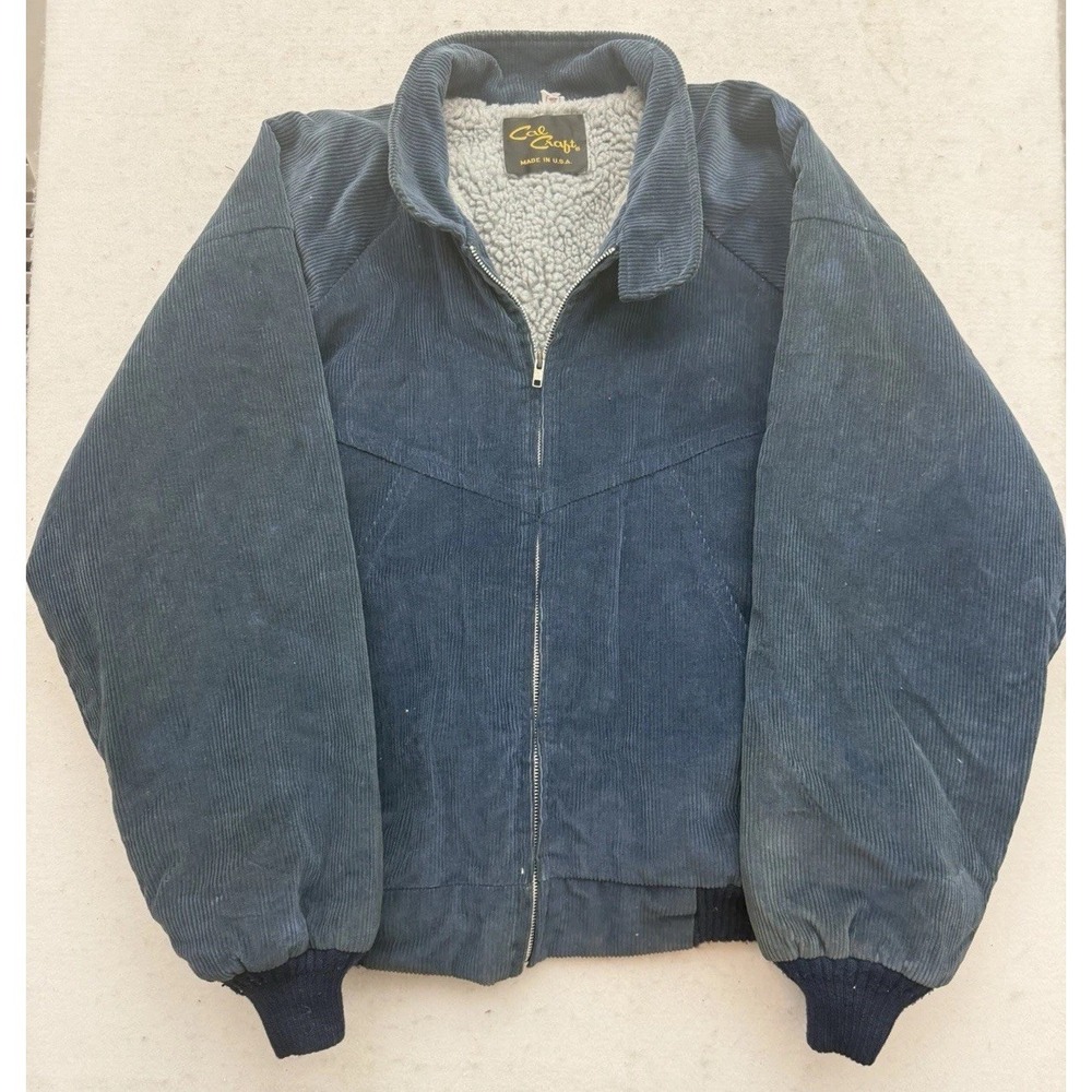 VTG Cal Craft Blue Corduroy Bomber Jacket Mens XL Sherpa Lined USA Made 70s